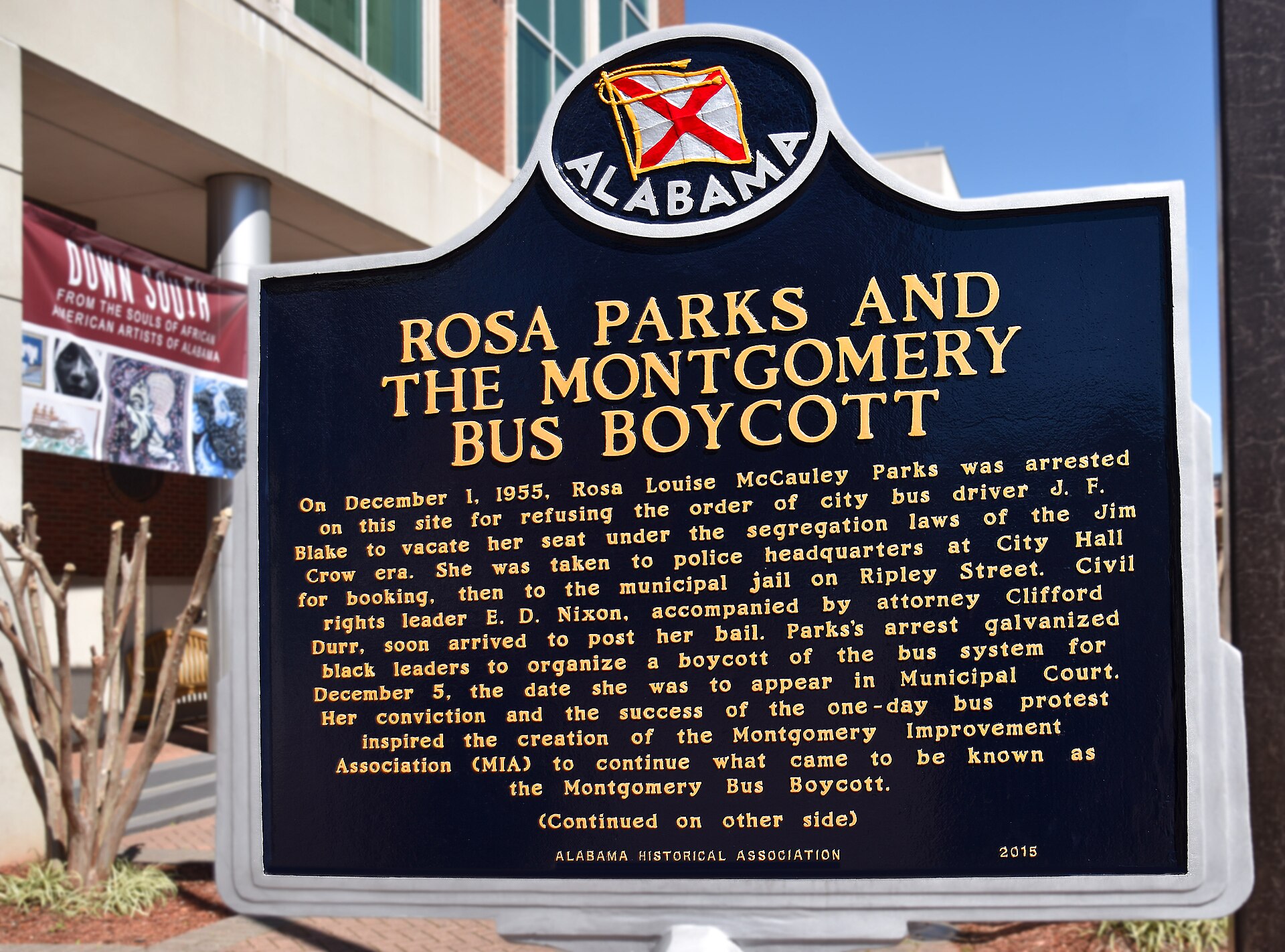 A historical marker in Montgomery, Alabama, commemorating the 1955–56 bus boycott led by Rosa Parks. — Ron Cogswell, CC BY 2.0 (Wikimedia Commons)