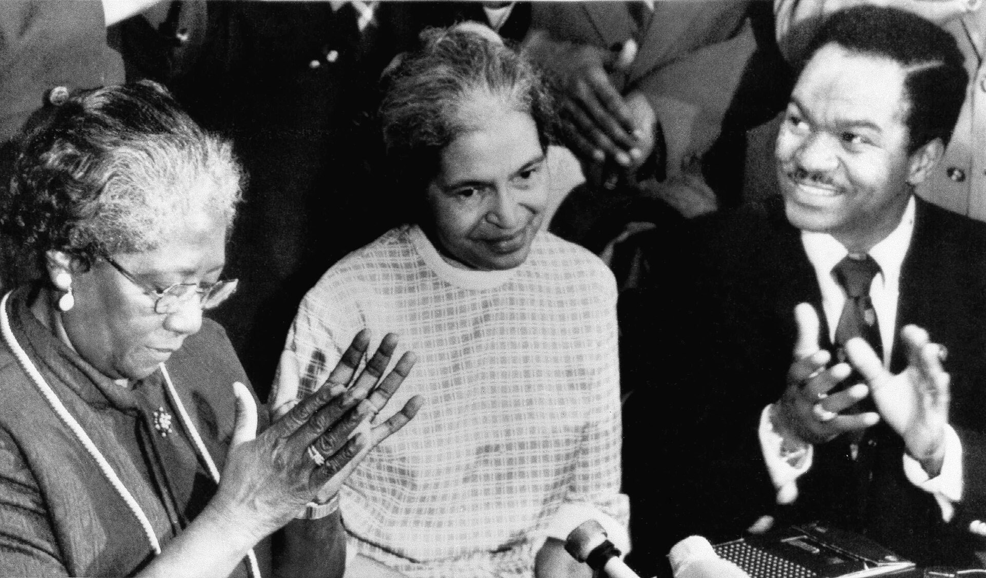 Rosa Parks, centre, honoured in 1975 alongside Johnnie Carr and Walter Fauntroy at ceremonies marking the Montgomery bus boycott.