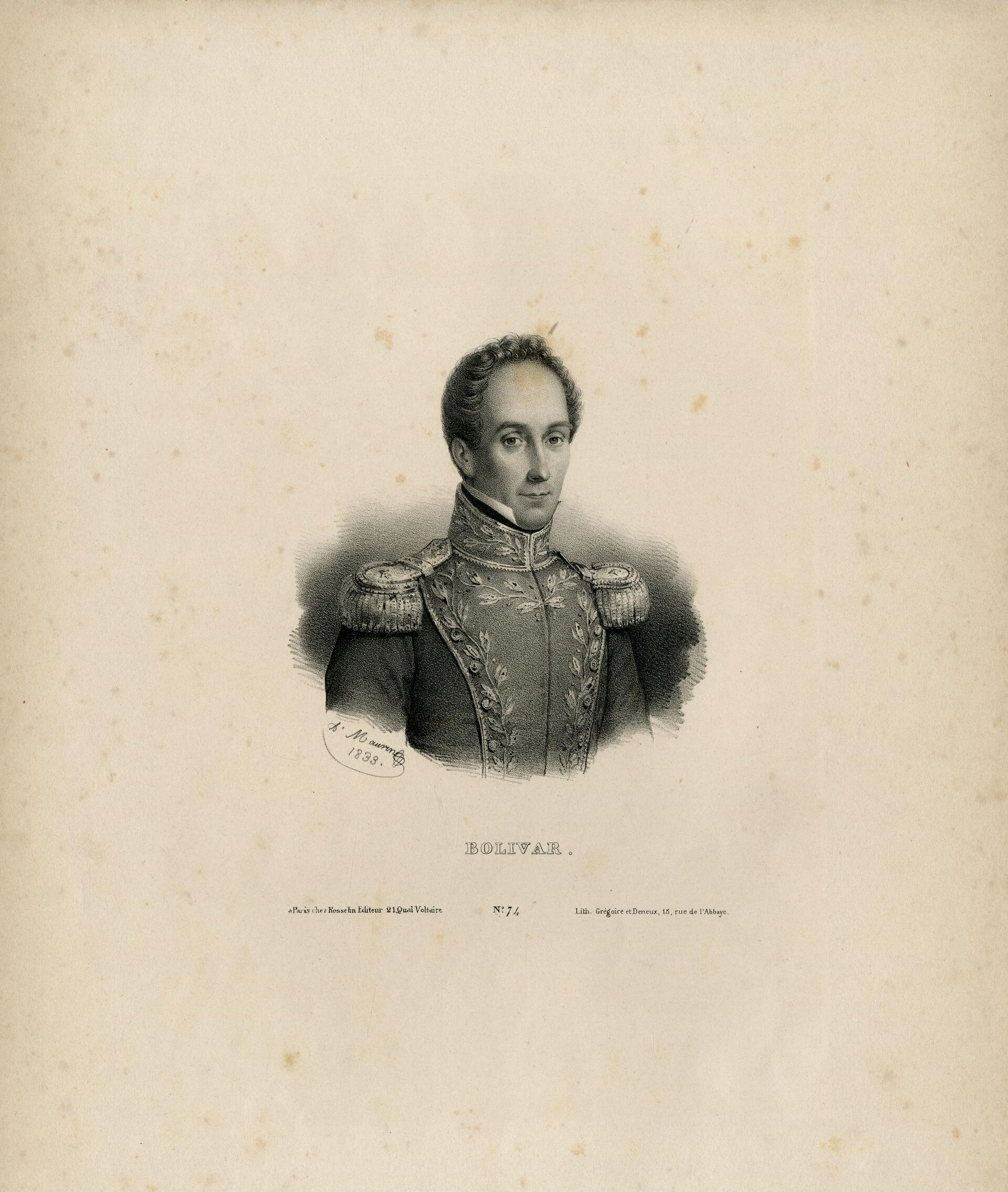 An 1833 lithograph portrait of Simón Bolívar in military uniform.