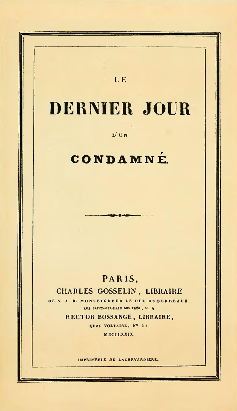 Cover of the first edition of Victor Hugo's novel Le Dernier jour d'un condamné.