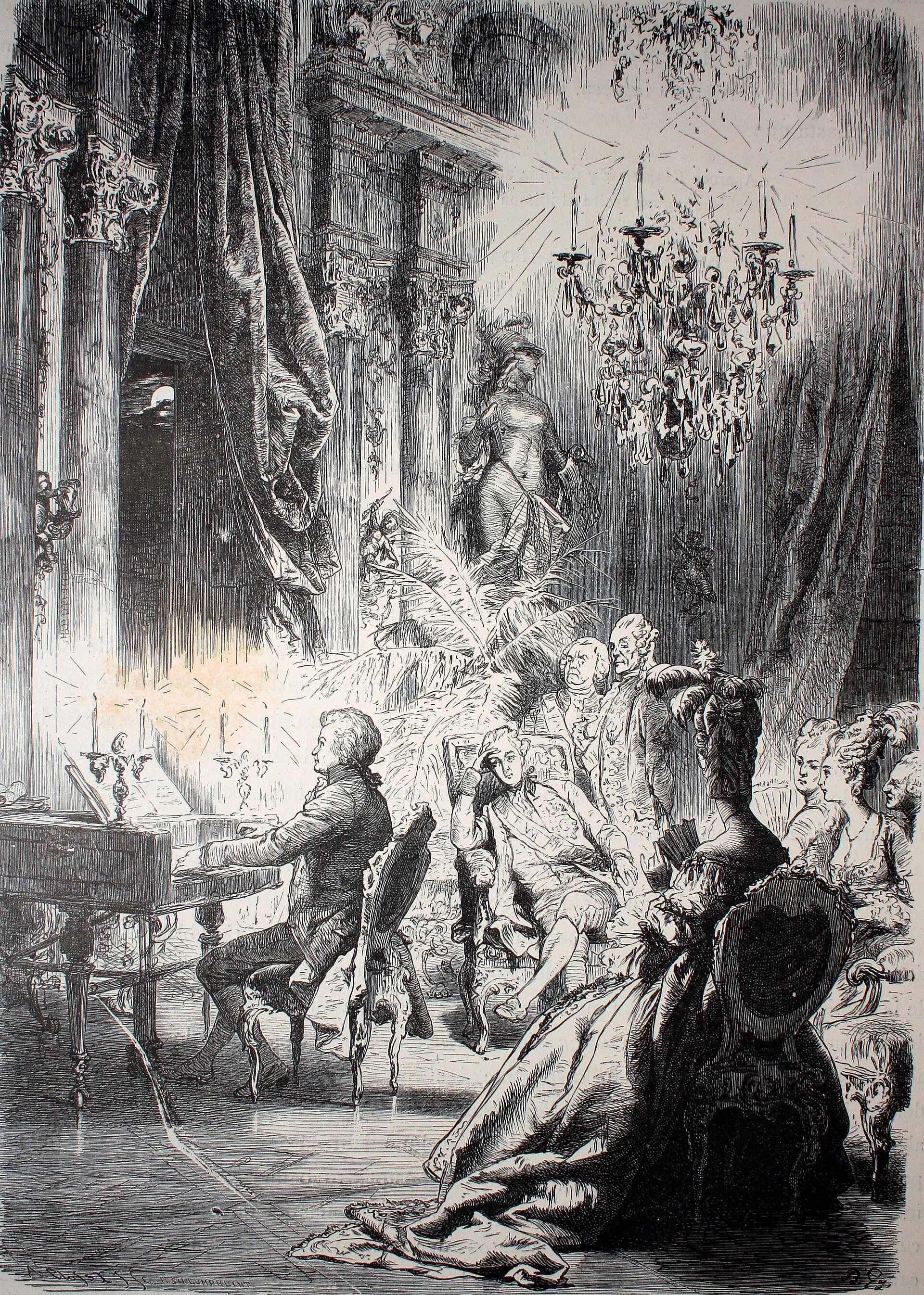 An 1882 illustration depicting Wolfgang Amadeus Mozart playing before the imperial family in Vienna. — Fondo Antiguo de la Biblioteca de la Universidad de Sevilla from Sevilla, España, CC BY 2.0 (Wikimedia Commons)
