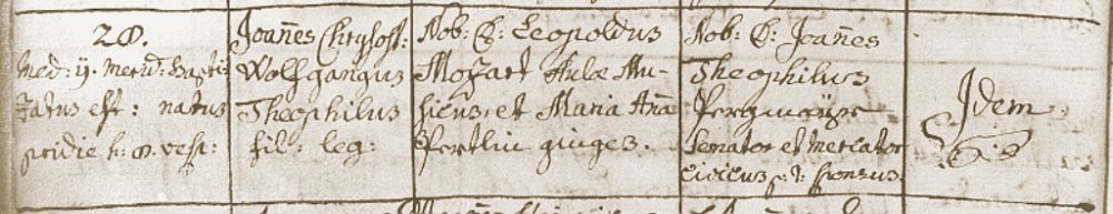 The entry recording the baptism of Wolfgang Amadeus Mozart.