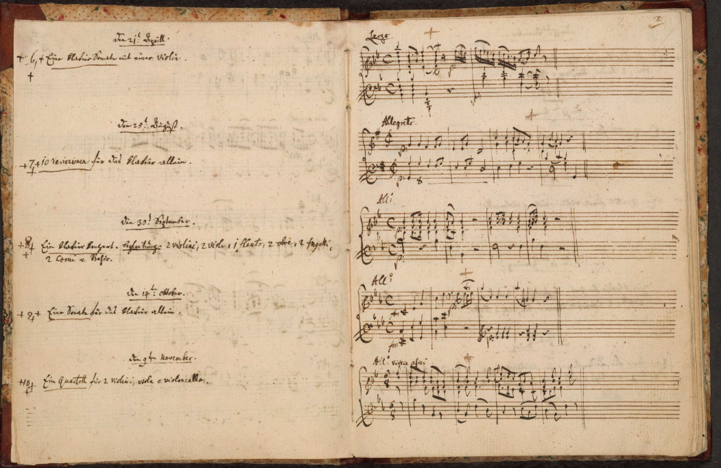 A page from the catalogue of his works that Wolfgang Amadeus Mozart kept from 1784.